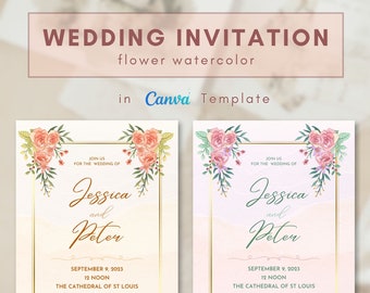 Wedding Invitation - Flower Watercolor [Canva Template Editable]