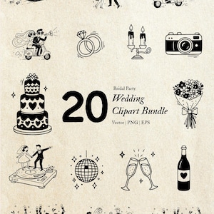 May include: Black and white wedding clipart bundle with various illustrations, including a car, dancing couples, rings, cake, camera, and champagne glasses. The text reads "Bridal Party Wedding Clipart Bundle 20 Vector | PNG | EPS."