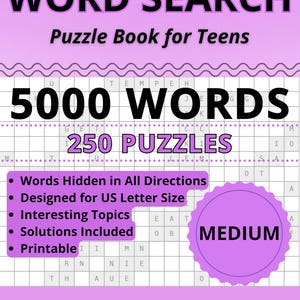 Large Print Medium Word Search Puzzle Book for Teens: 250 Fun Puzzles with Solutions & Interesting Topics, Printable PDF, Instant Download
