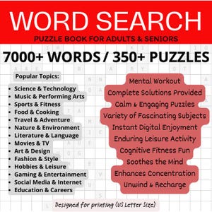Word Search Puzzle Book PDF, US Letter Size, Medium Difficulty Brain Game, Relaxing Fun Activity, Printable & Digital, Hyperlinked PDF