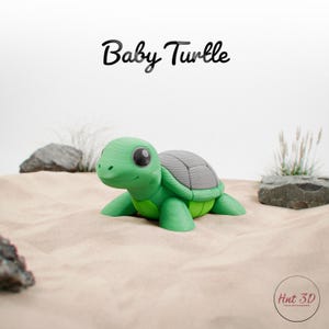 May include: A 3D-printed green and gray baby turtle figurine. The turtle has large, dark eyes and a smiling expression. The text "Baby Turtle" is above the turtle. The figurine is on a sandy surface.