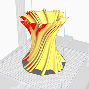 May include: A 3D printed vase with a swirling, organic design. The vase is yellow with red accents and has a wide, open top.