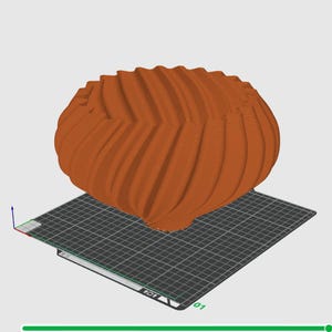 May include: A 3D printed orange-brown vase with a unique, swirling, textured design. The vase is sitting on a black gridded surface.