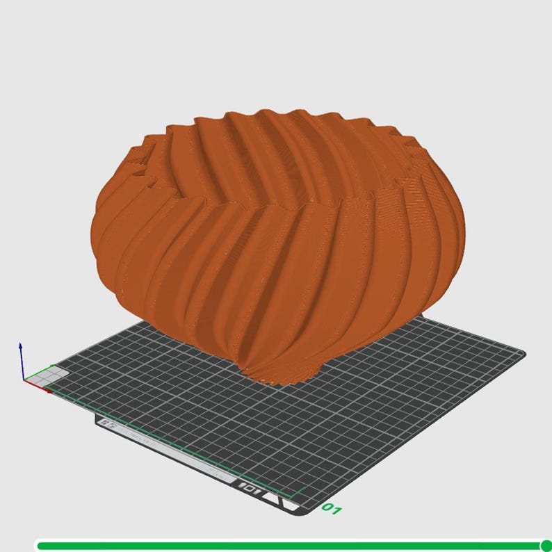 May include: A 3D printed orange-brown vase with a unique, swirling, textured design. The vase is sitting on a black gridded surface.