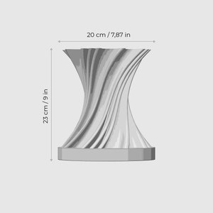 May include: A gray, abstract, sculptural table with a twisted, organic design. The table is 20 inches wide and 23 inches tall.