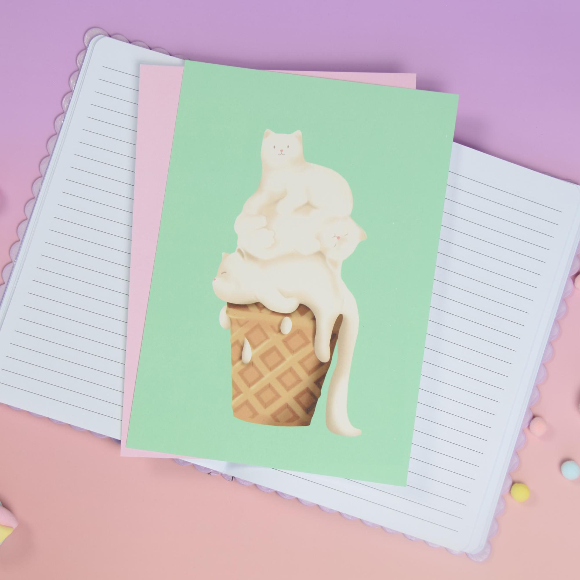 Art print cat, A5, funny cat picture, wall print cat, gifts for cat lovers, greeting card, postcard A5, ice cream, ice cream