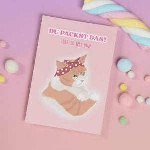 Ansichtkaart kat, met roze envelop, aanmoedigingskaart, aanmoediging, kaart van moed, ansichtkaart, wenskaart, examen, geluk, geluksbrenger