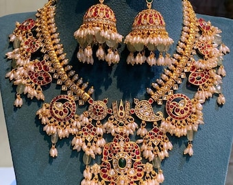 Sabyasachi Inspired Heavy Uncut Polki Kundan Ruby Emerald Pearl Mint Bridal Necklace Jhumka Earrings Jadau Premium Quality Wedding Jewel Set