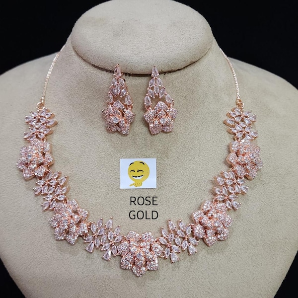 Two Tone Rose and White Gold Plated Pave 3D Necklace Set with Earrings/Diamond Choker Set/Elegant Cz Set/Celebrity Inspired Set/Indian Set