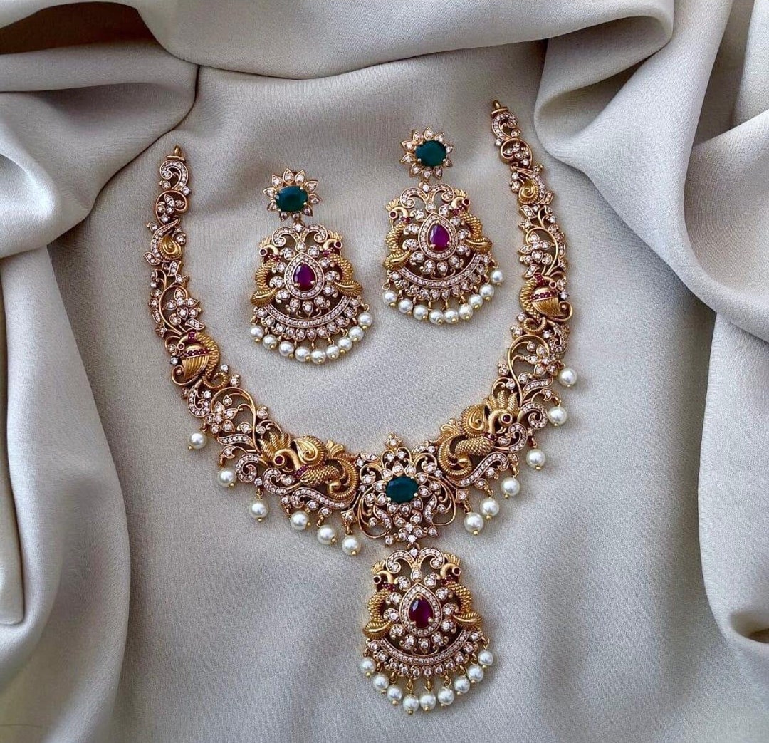 South Indian Necklace Set Gold Plated Fashion Wedding Jewelry Gift For Women