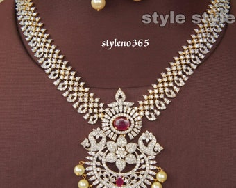 Wedding Diamond Necklace set with AD Jhumka CZ American Crystal Necklace High Silver Tone Elegant Statement Ruby Bridal Choker Gift for her