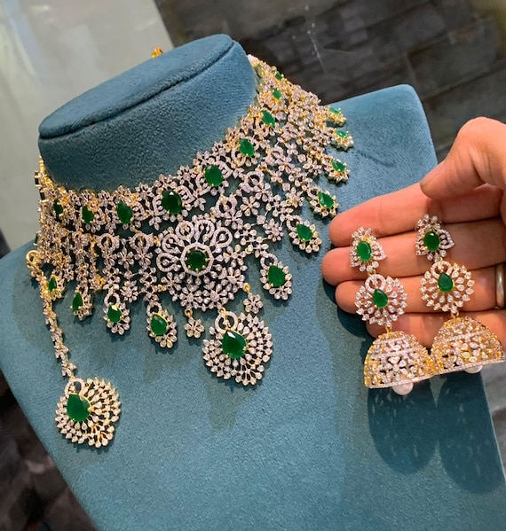 アメリカンダイヤモンドチョーカーネックレスセット、AD Jhumka インド 