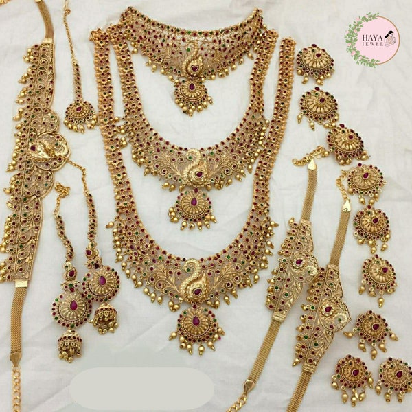 Premium Matt Finish Gold Plated South Indian Bridal Necklace Set With Maangtikka, Hair jewels, Waist Belt, Armlet | Women Party Wear Jewelry