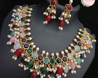 Kundan Navratan Necklace with Earrings, Multicolor Kundan Choker Beautiful High Quality Meenakari Work Jewelry, Wedding Party Jewelry set