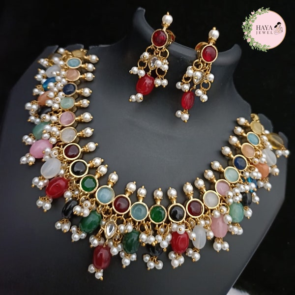 Kundan Navratan Necklace with Earrings, Multicolor Kundan Choker Beautiful High Quality Meenakari Work Jewelry, Wedding Party Jewelry set