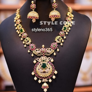Vergoldete Halskette Schöne Diamant Halskette Rubin CZ Schmuck Set Amerikanischer Diamant Perlenkette Südindischen Schmuck Braut Schmuck Set