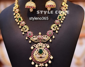 Gold Plated Necklace Beautiful Diamond Necklace Ruby CZ Jewelry Set American Diamond Pearl Necklace South Indian Jewelry Bridal Jewelry set
