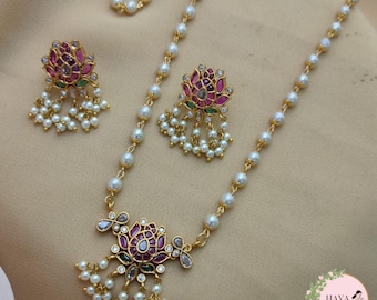 Ruby American Diamond cz Short Necklace with Studs Earrings / Jhumka, Pearl necklace indian style, Southindian Bollywood Jewellery