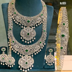 Indian Wedding Jewelry Necklace Set American diamond necklace set long Haar Short Choker Emerald Diamond Set Bridal Long Necklace Hipbelt