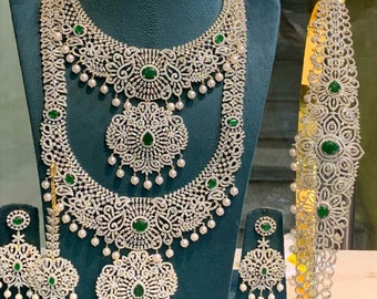 Indian Wedding Jewelry Necklace Set American diamond necklace set long Haar Short Choker Emerald Diamond Set Bridal Long Necklace Hipbelt