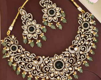 Mint Antique Gold Kundan Indian Necklace, Victorian Kundan Jewelry, Peacock Design Uncut Faux Polki Diamond Sabyasachi Jewelry with earrings