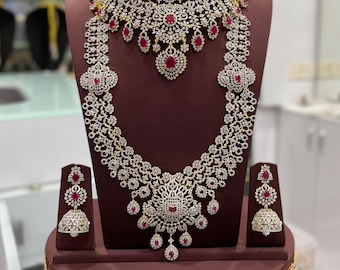 Indian Wedding Jewelry Set Emerald CZ Necklace Silver Bridal