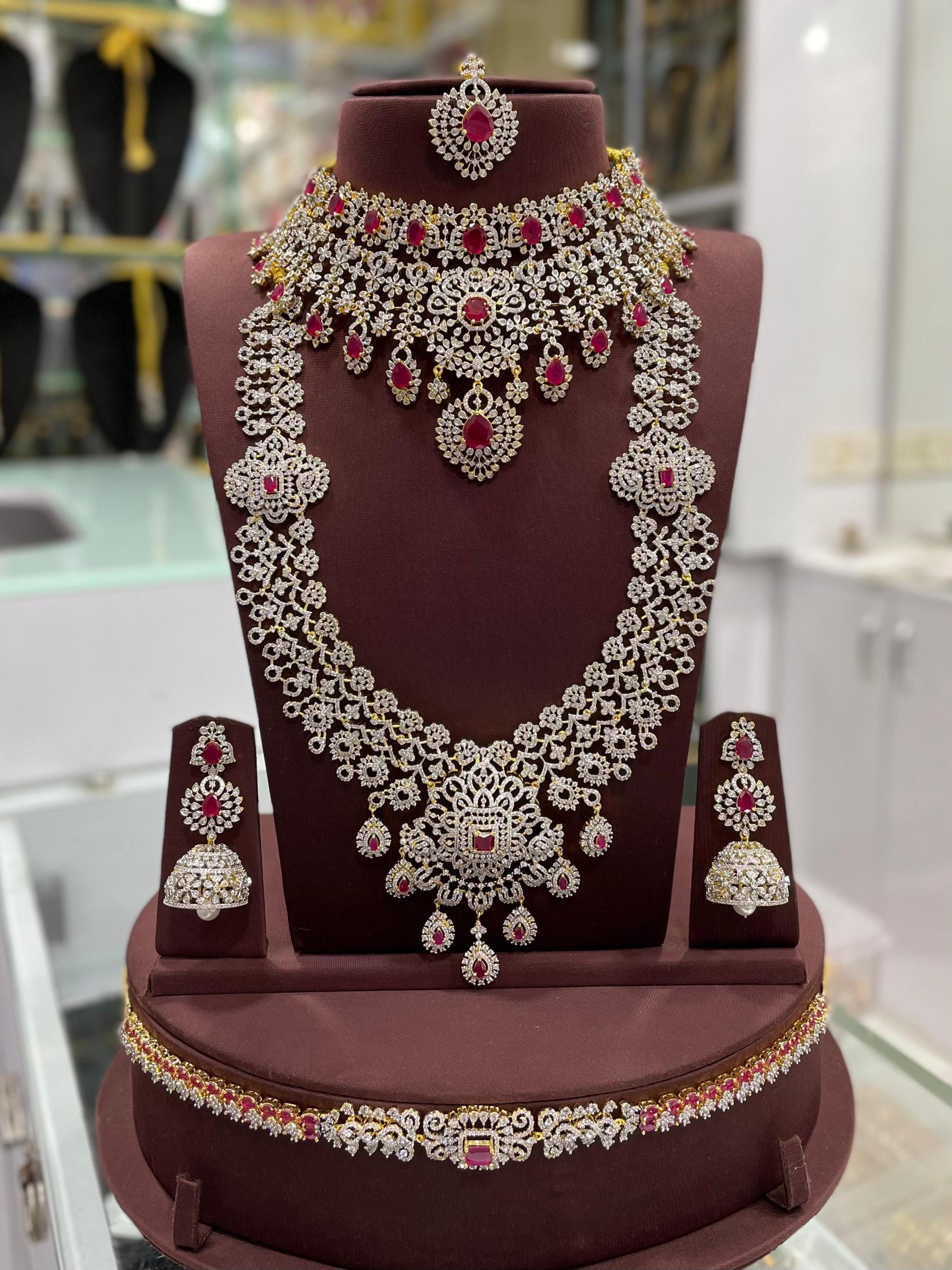 Indian Wedding Jewelry Set Emerald CZ Necklace Silver Bridal