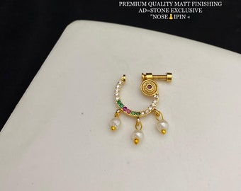 AD-neusring, linkerkant, vergulde neuspin, geen neuspiercing vereist, Indiase sieraden bruidswatten, Zuid-Indiase neuspin, CZ neusring