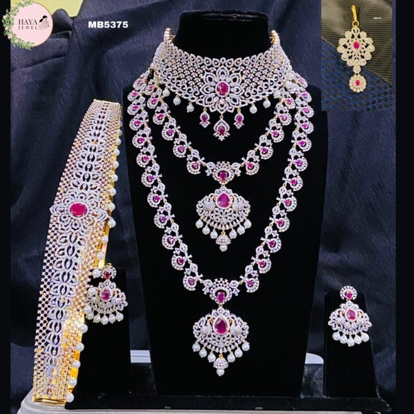 American Diamond Necklace Long Haar HipBelt Mangtika Bridal Set CZ Stone Crystal Bead High Silver Tone Indian Wedding Jewelry Dulhan Jewelry