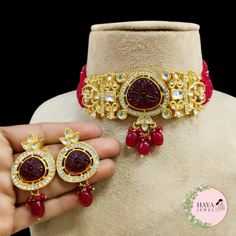 pigeon blood red kundan necklace with earrings