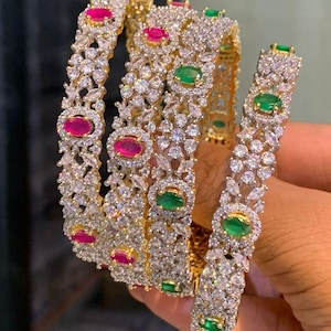 Indian Bangle Set American Diamond Bangle Gold Toned Crystal Bangle Bracelet Cubic Zirconia Silver Bangle CZ Stone Bridal Wedding Bangle 4Pc