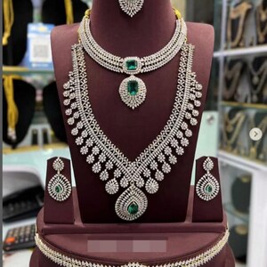 AD Necklace and Long Haar Combo set, CZ Stone Crystal Bead Necklace High Silver Tone, Gift for her, Indian wedding Jewelry, Dulhan Jewelry Sea Foam Green