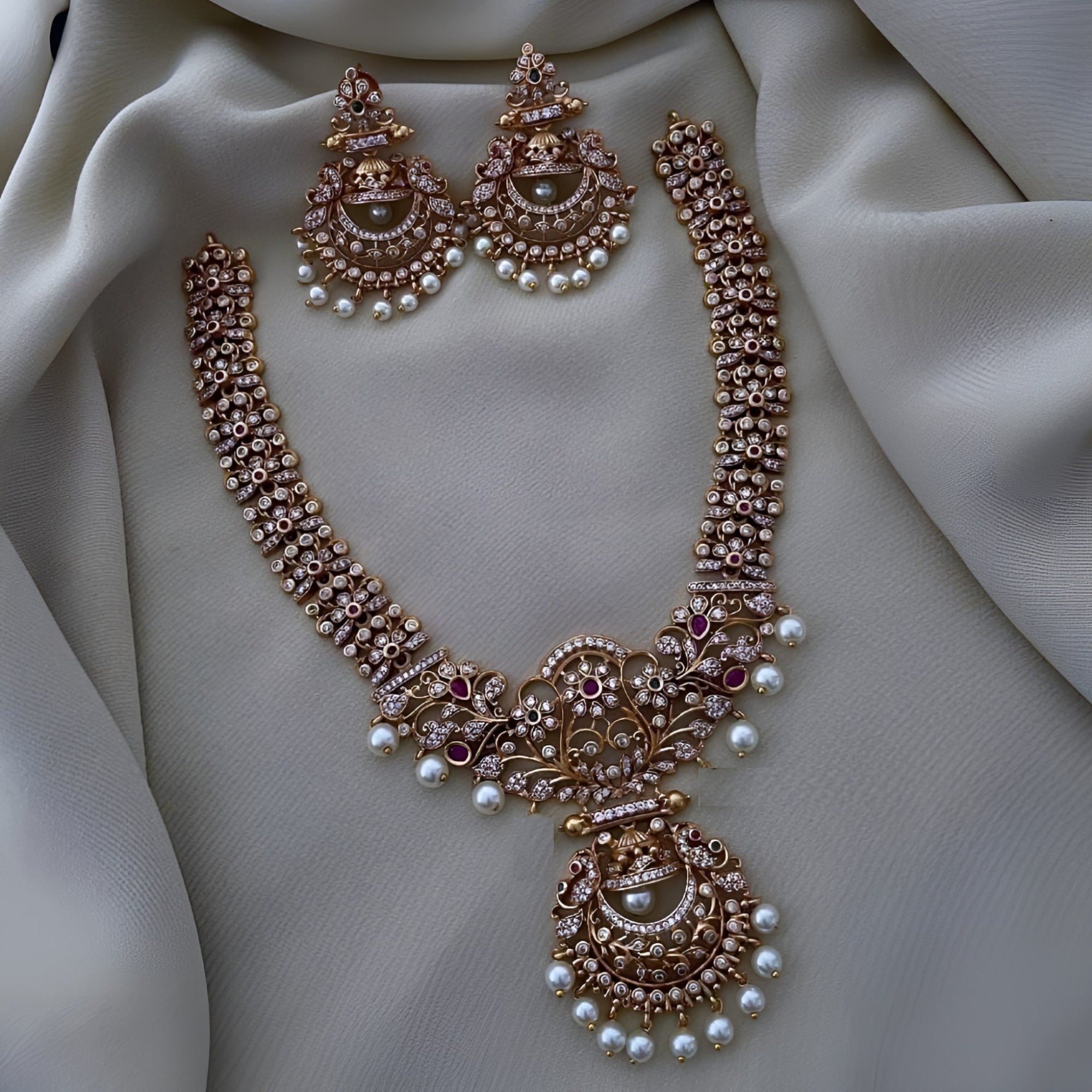 Gold Plated Necklace Beautiful Diamond Necklace Ruby CZ Jewelry Set American Diamond Pearl Necklace South Indian Jewelry Bridal Jewelry set