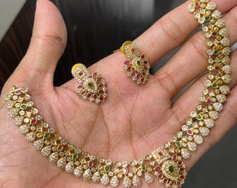 Exclusive South Indian 22K Gold Plated choker necklace design | Rani Pink Green & White real Kemp stone necklace design | Short Necklace