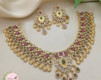 Exclusive South Indian 22K Gold Plated Choker Necklace Design | Rani Pink Green & White Real Kemp Stone Necklace Design | Short Necklace