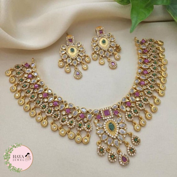 Exclusive South Indian 22K Gold Plated Choker Necklace Design Rani Pink Green White Real Kemp Stone Necklace Design Short Necklace Etsy
