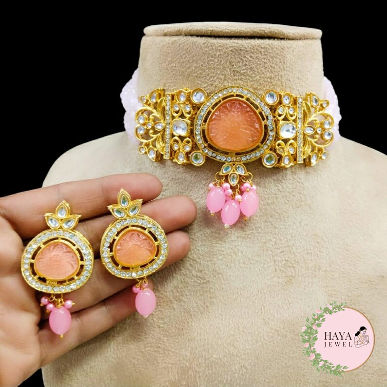 light pink kundan choker necklace with pink earrings