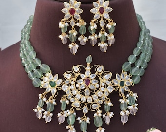 Mint Green Kundan Strawberry beads Necklace set with earrings, Kundan Necklace with Real Flourite Gemstone, indian heavy meenakari jewelry