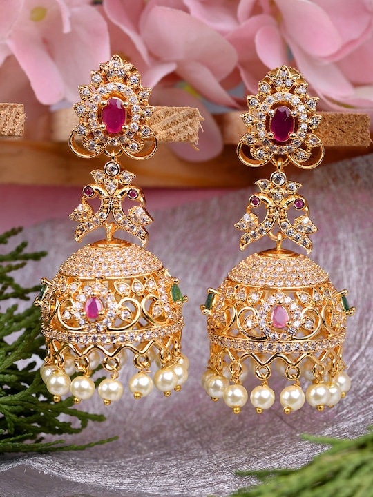 Rose Gold Jhumka AD Jhumka Rose Gold Toned AD Stud Dome Shape Jhumka Zirconia Earrings American Diamond Big Jhumki Gold Plated Pink AD Stone Etsy