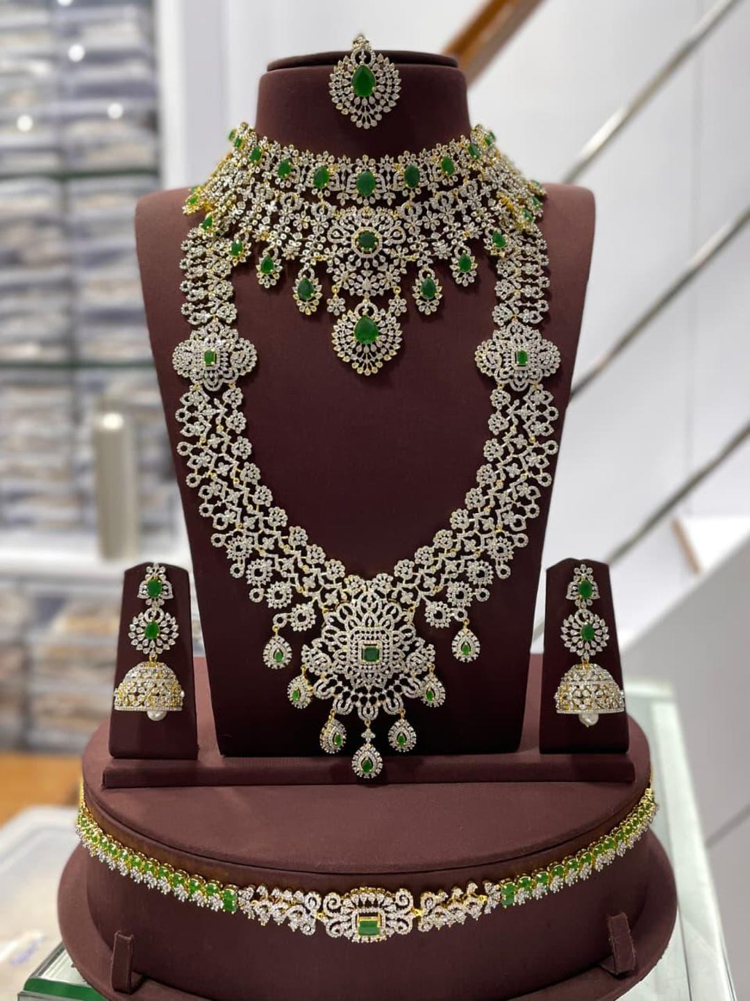 Indian Wedding Jewelry Set Emerald CZ Necklace Silver Bridal