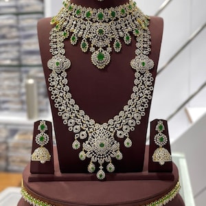 Indian Wedding Jewelry Set Emerald CZ Necklace Silver Bridal Jewelry with Hip Belt Earring American Diamond Jewelry Set Bridal Long Necklace