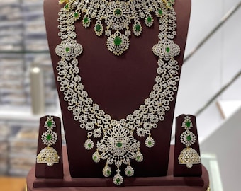 Indiskt bröllopssmyckeset smaragd CZ-halsband silverbrudssmycken med höftbälte örhänge amerikanskt diamantsmyckeset långt brudhalsband