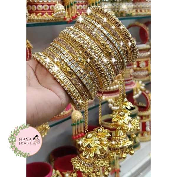 Gold Plated Kundan Polki Bangles 12 PCs Wedding Bangles and Bracelets for Women Chuda Bridal Bangle Set Chura Mirror Bangles with dangles