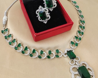 CZ Diamonds Silver Emerald Necklace Earrings Set Bridal Choker Indian Party Wear Necklace American Diamond Statement Jewelry Set for Wedding