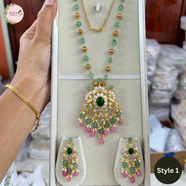 Emerald Necklace Pearl Kundan Long Necklace Indian Jewelry Pakistani Jewelry Long Pearl Necklace Swarovski kundan Jewelry Statement Jewelry