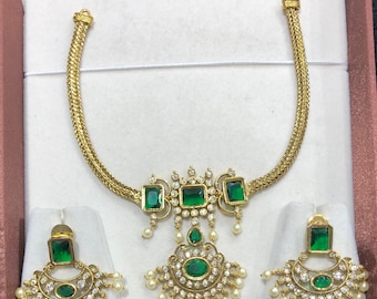 Emerald Green Choker with Earrings Kundan Pearl CZ Stone Necklace Indian Gold Plated Jewelry set Pakistani Bridal Heavy Meenakari jewelry