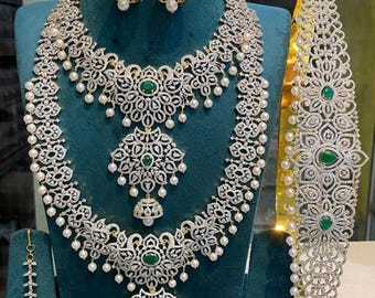 Elegant smaragdhalsbandsset för brudar - Indiska bröllopssmycken Traditionellt etniskt halsband för brudar Antikförsilvrad guldfärgad smycken