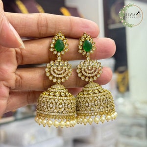 Gold Plated Emerald Cubic Zirconia Jhumki Earrings | Bridal American Diamond Pearl Jhumka Set | Ruby Earrings AD Indian Jewelry Gift for Her