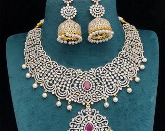 Robijnroze CZ-ketting met AD Jhumka zilverkleurige vergulde Indiase bruidssieraden Pakistaanse bruiloft choker Amerikaanse diamant CZ ketting set