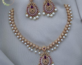 Ruby american diamond cz short necklace with studdus earrings / jhumka, pearl necklace indian style, southindian jewellery
